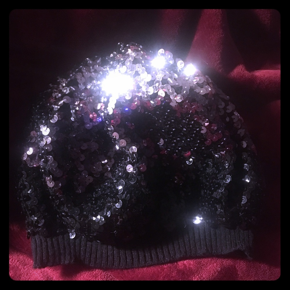 Variegated bebe black and silver sequin knit cap